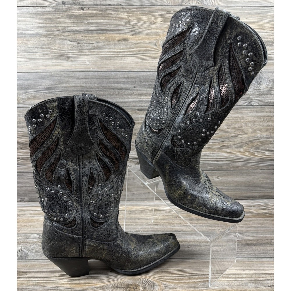 Durango Leather & Sequin 12" Cowgirl Boots Women's 7 Country Chic Southern Rock